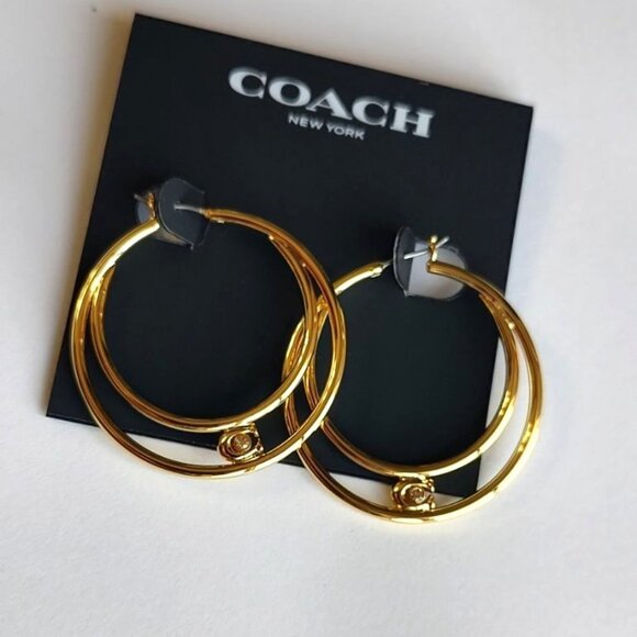 Coach Earrings Hoops Gold Signature C Zirconia Double Hoop Gold NEW - Picture 9 of 11